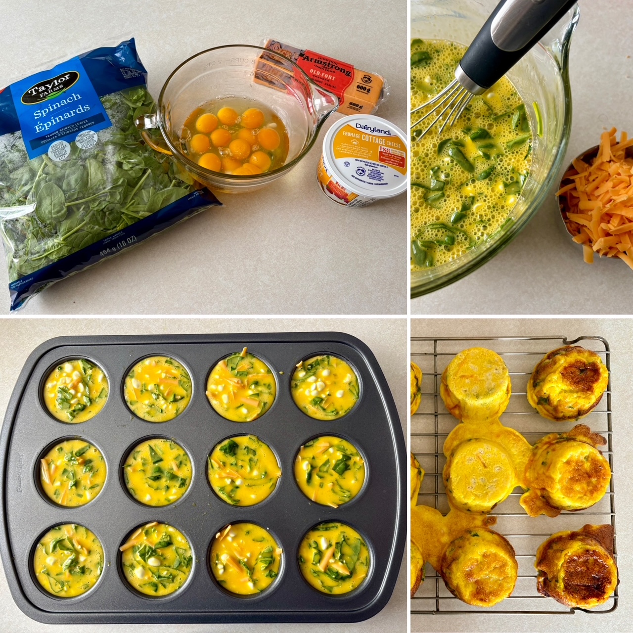 High Protein Egg Muffins Spinach, a bowl full of cracked eggs, cheddar cheese and a tub of cottage cheese